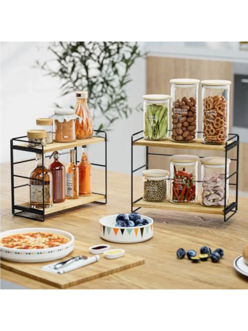 2-Pack Industrial Wood and Black Metal Shelf Organizer